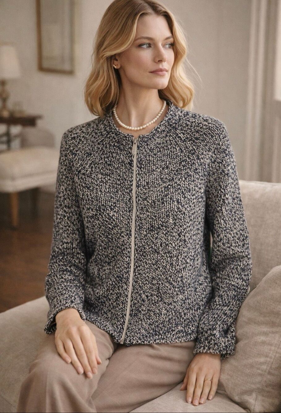 Weekend Max Mara Marled Zip Front Knit Cardigan Jacket Black Ivory S